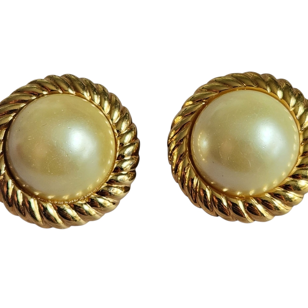 Kenneth Jay Lane Gold and Cream Pearl Stud Earrings